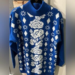 Vintage 80s Women’s Traffic Jam Blue and White Floral Sweater. Made in USA. Sz M